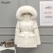 Fitaylor Winter Grote Echte Vos Bontkraag Beige Jas Elastische Taille Witte Eend Donsjack Lange Mouw Elegante Warm Uitloper