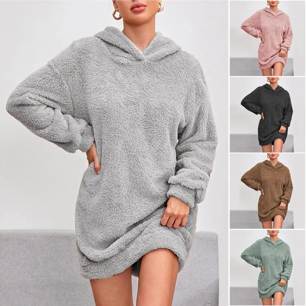 

Basic Sweatshirt Dress Cozy Plush Hooded Women's Winter Dress Soft Warm Stylish Above Knee Length Pullover for Fall Plus Size