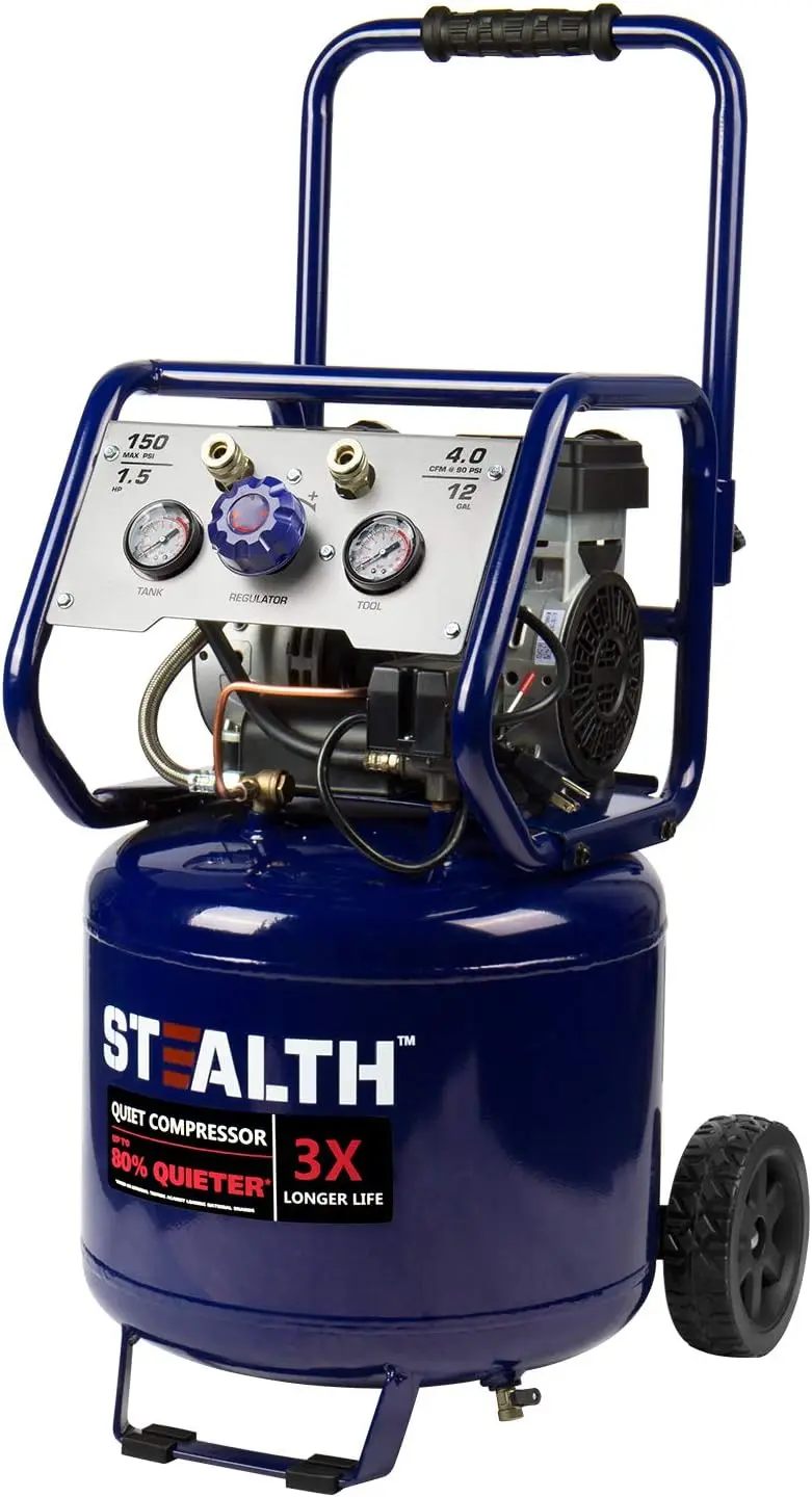 

Stealth 12 Gallon Ultra Quiet Air Compressor, 1.5 HP Oil-Free Peak 150 PSI 68 Decibel Air Compressor,5 CFM @ 40 PSI 4 CFM @ 90 P