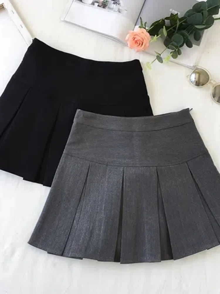 ZOKI Vintage Gray Pleated Skirt Women Kawaii High Waist Mini Skirts Korean Fashion School Uniform Harajuku Streetwear Spring 2