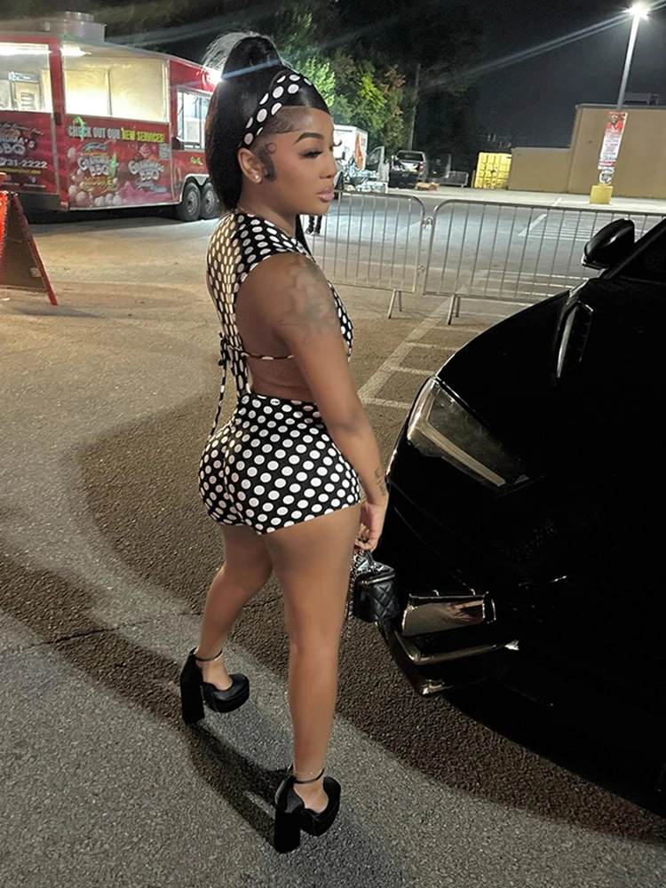 Nibber Hottie Street 2 Piece Set Woman Polka Dot Print o-Neck Hollow Design Bodysuits+Skinny Peach Hip Shorts Sexy Fashion Suits