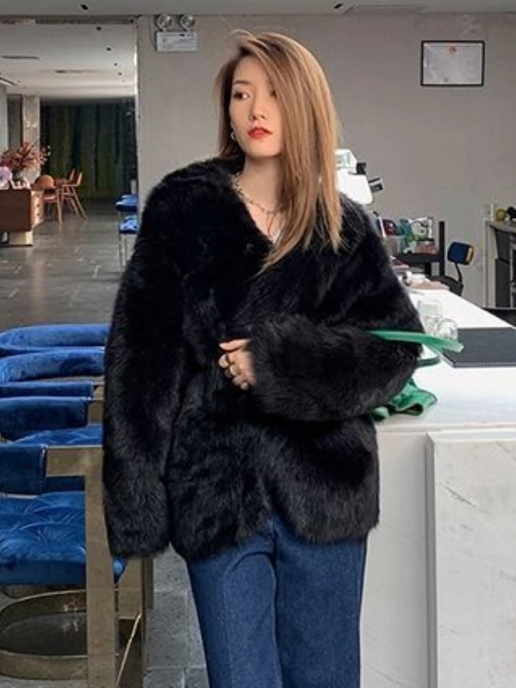 2023 Autum Winter Faux Fur Coat Women Fluffy Elegant Hairy Designer Warm Clothing Mid Female Korean Round Neck Casual Button Up