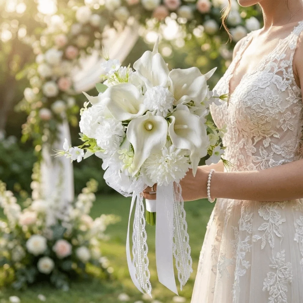 Bouquet da Sposa Romantico con Calla Bianca e Ortensia, Bouquet Artificiale con Nastro in Pizzo, Bouquet da Sposa Artificiale Portatile - Image 4