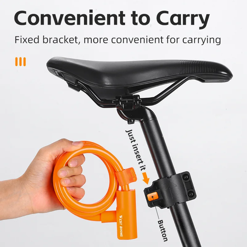 WEST BIKING Portable Anti-theft Bike Bicycle Cable Lock With Bracket 12MM Thick PVC Wrapped Security Steel Lock 1.15M Length