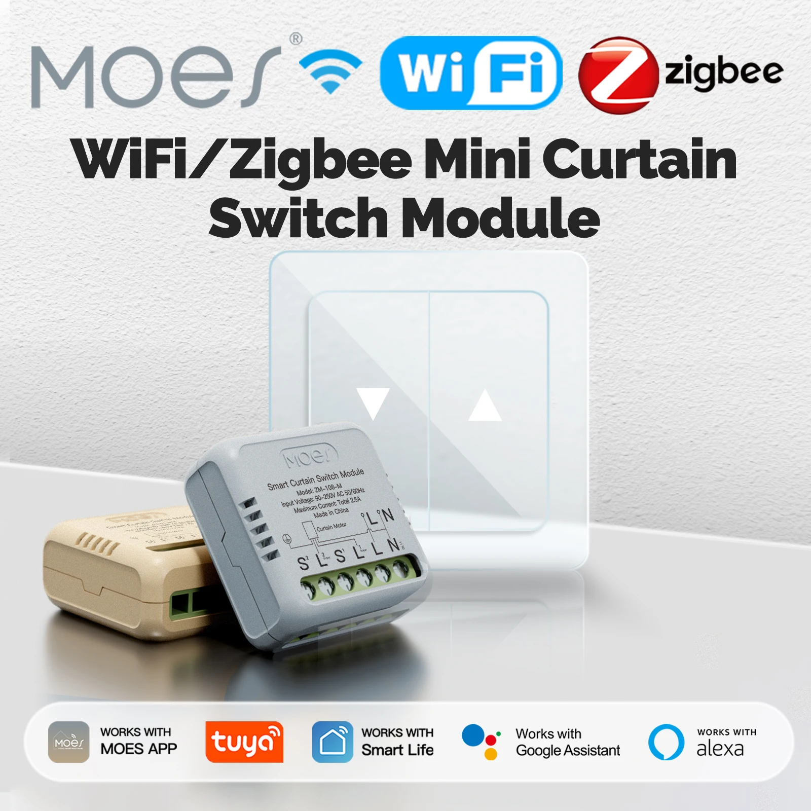 �MOES Tuya WiFi & ZigBee Smart Curtain Switch, Mini Module for Rocker Reset, App/Voice Control, Works with Alexa & Google Home