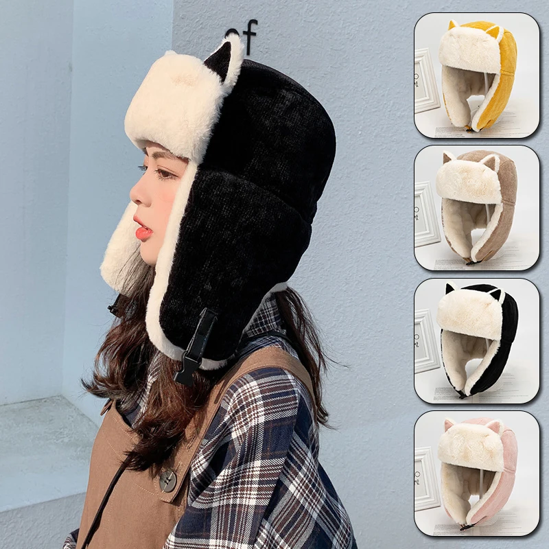 

1PC Women Caps Winter Outdoor Cat Ears Plush Hat Protect Eat Head Warp Warm High Quality Cute Women Accessories