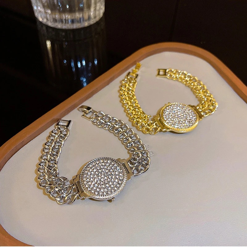 Fashion Bracelet Fashion Jewelry Luxurious Full of Rhinestone Clock Dial Bracelets For Women Shiny Crystal Gold Plated Bracelet Party Jewelry Gift