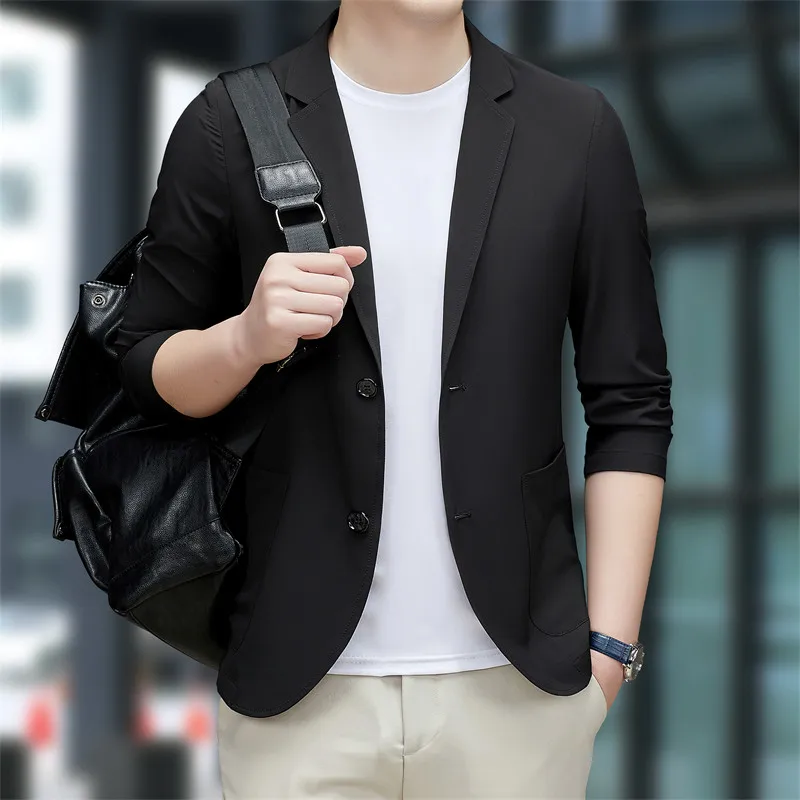 한국 스타일 남성 단색 턴다운 칼라 싱글 브레스트, 스마트 캐주얼 올매치 긴팔..