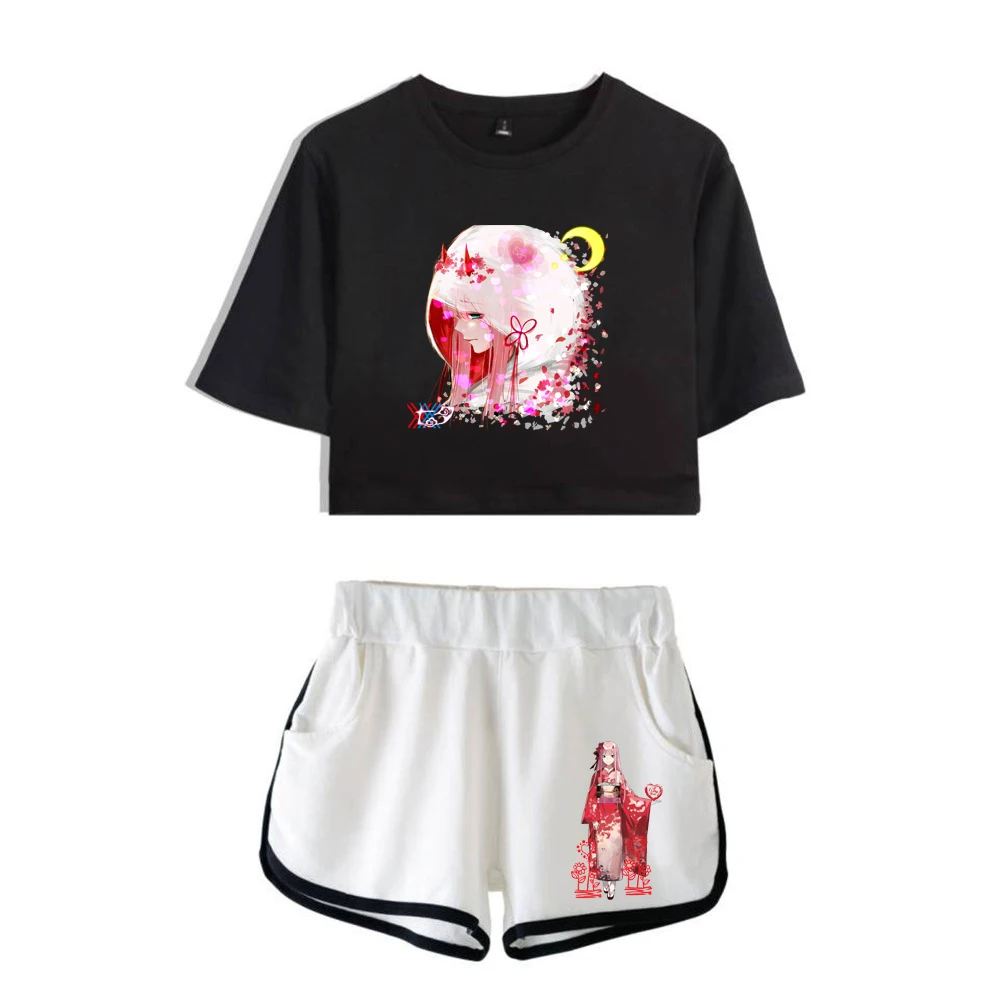 

Fashion Youthful DARLING In The FRANXX Print Two Piece Set Women Sexy Shorts+lovely T-shirt Cute Dew navel Sport Girl suits