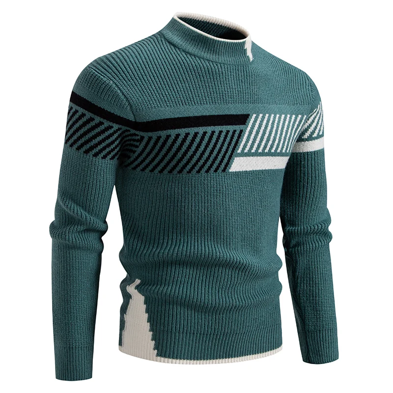 Autumn New Sweater Men's Half High Neck Casual Versatile Round Neck Knit with Slim Fit Elastic Sweater Inside 2