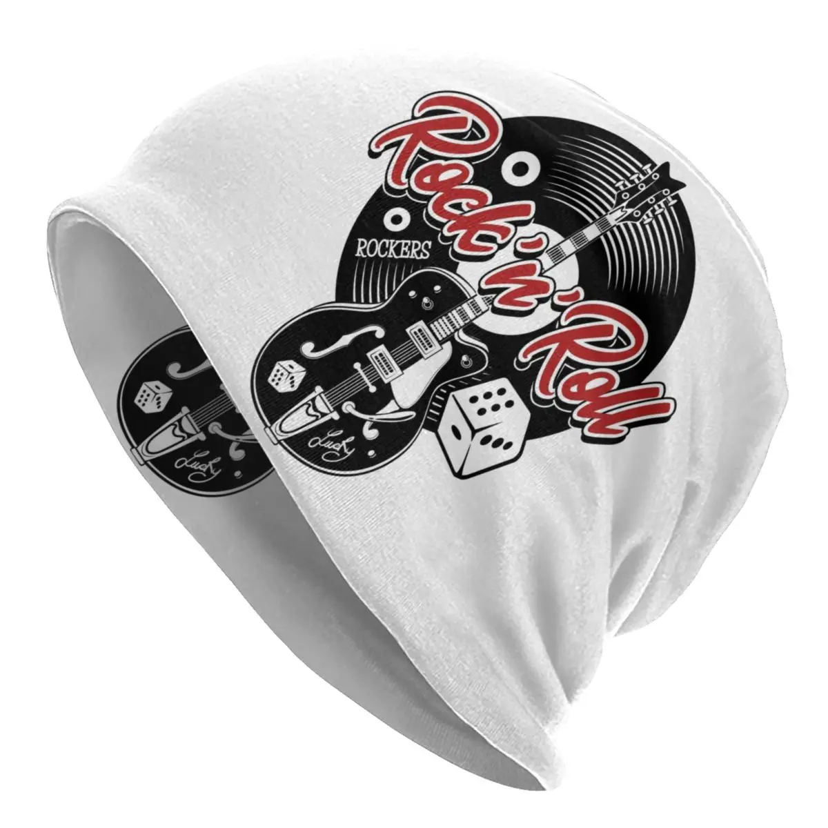

Rockabilly Music Rock Roll Red White And Black Dice Rockers Guitars Skullies Beanies Caps Knitting Hat Popular Music Bonnet Hats