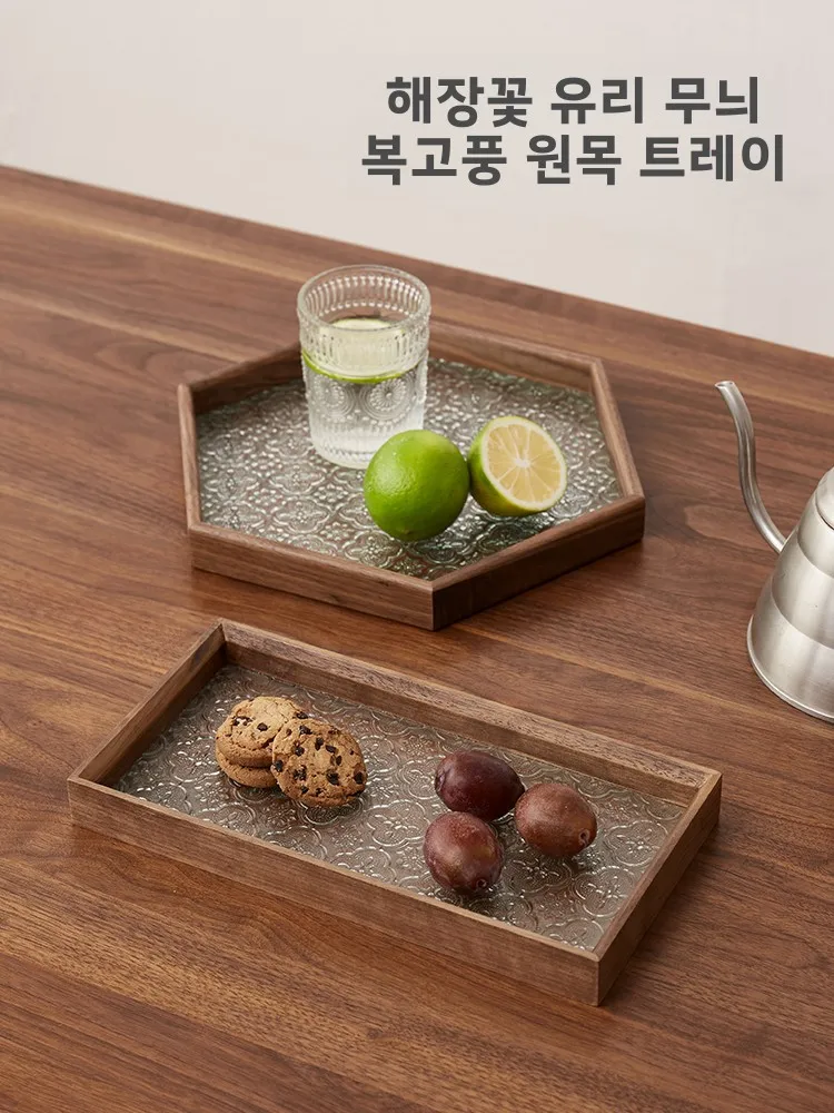 레트로 작약 무늬 유리 트레이 호두나무 차 트레이 컵 보관함 과일 세척 칫솔 트레이 직사각형 홈데코 중국풍