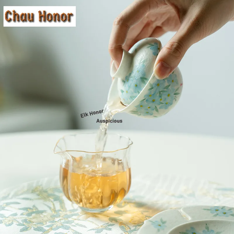 90ml Pure Hand-painted Blue Star Flower Gaiwan Zen Tea Tureen Tea Bowl with Lid Kit Tea Brewing Cover Bowl Tea Items Ornaments