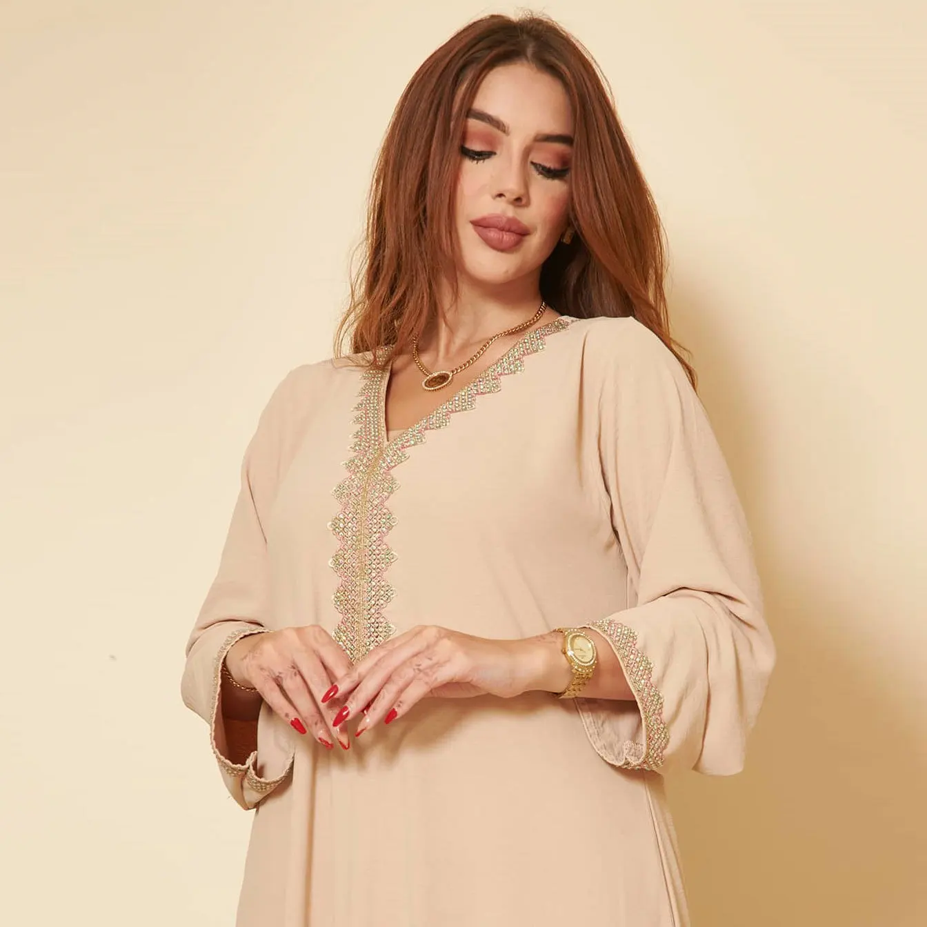 Moroccan Women Jalabiyat Fashion Basic Solid Diamonds Full Sleeve V-Neck Elegant Lace Chic Turkish Female Abaya Hijab Dress