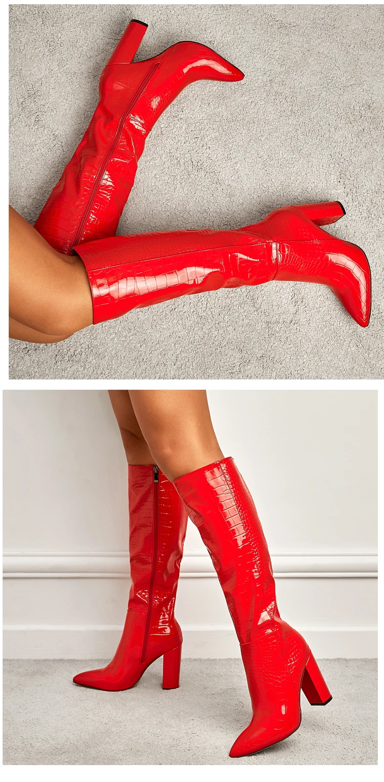 White Women Knee High Boots Square High Heels Long Boot Pu