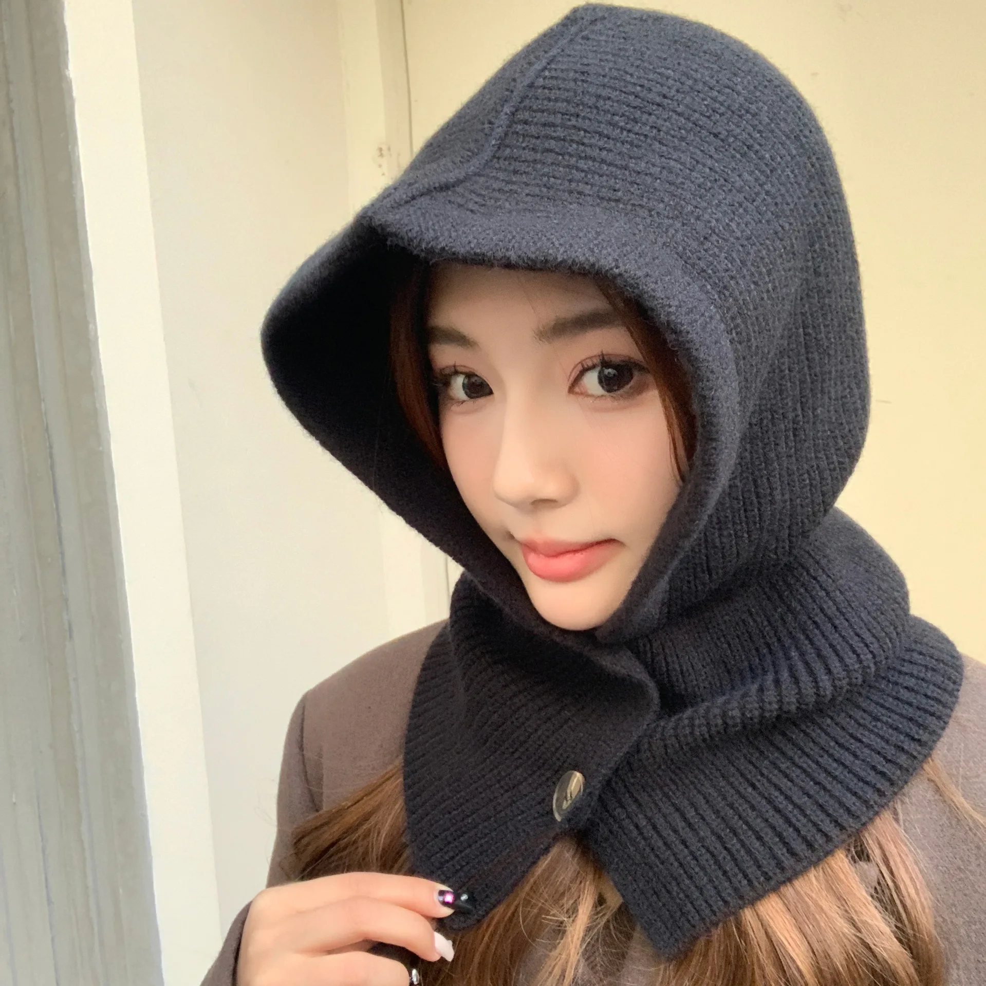 Knitted Winter Balaclava Thickened One-Piece Scarf Cap Hooded Y2K One Size Black Ski Mask Winter Full Face Beanie Hat Knit Balaclava Hood  main image 2