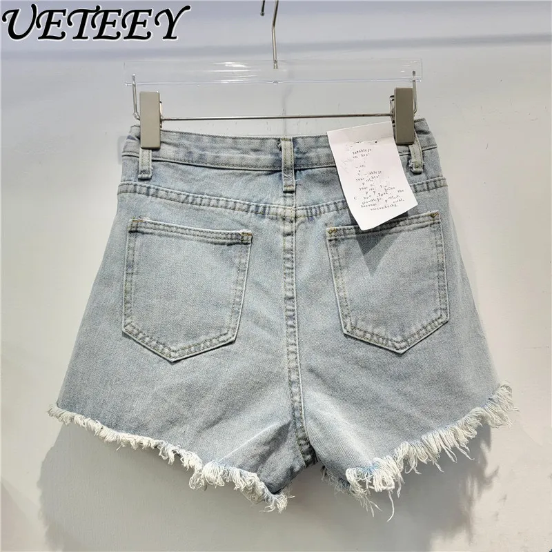 Ripped Denim Shorts for Women Trendy 2024 New Summer High Waist Slimming Exquisite Rhinestone Raw Hem Wide Legs Denim Hot Pants