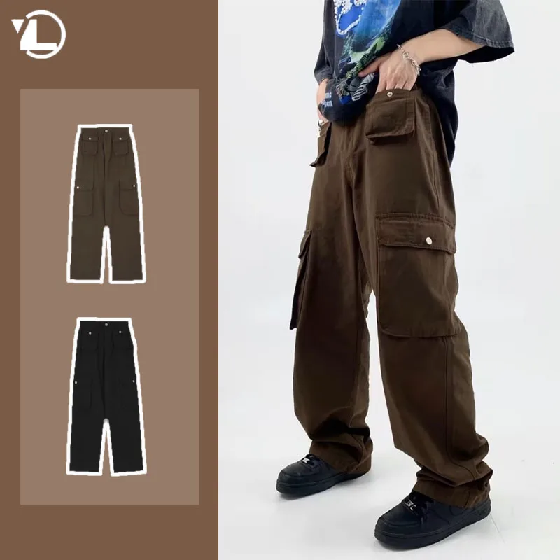

Mens Street Cargo Pants American Vintage Multi Pocket High Waisted Wide Leg Pants Hip Hop Couple Straight Leg Trousers Trend