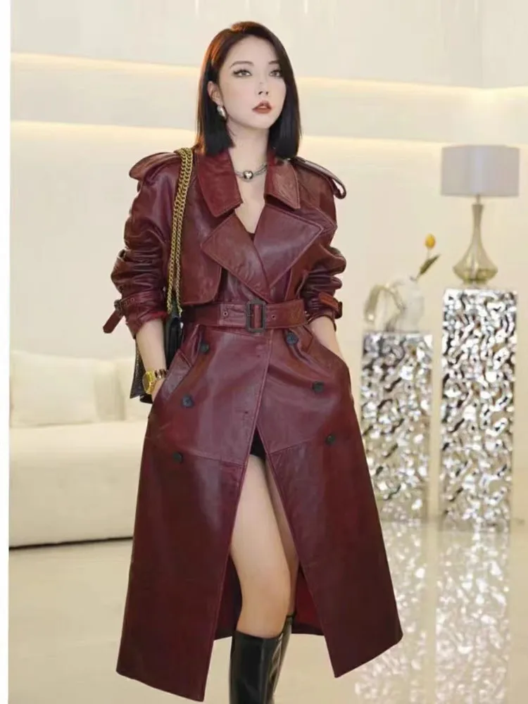 Trench-autunno-in-ecopelle-per-donna-Raglan-manica-lunga-doppio-petto