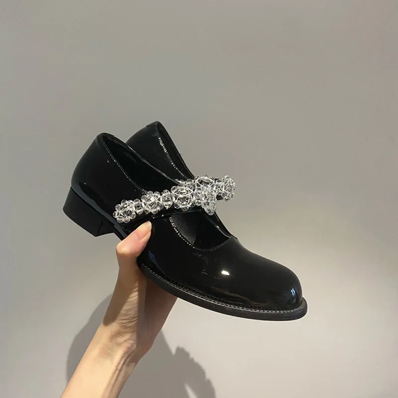 

British style small leather shoes, women's flat sole single shoe uniform, jk retro Mary Jane versatile Velcro crystal loafers