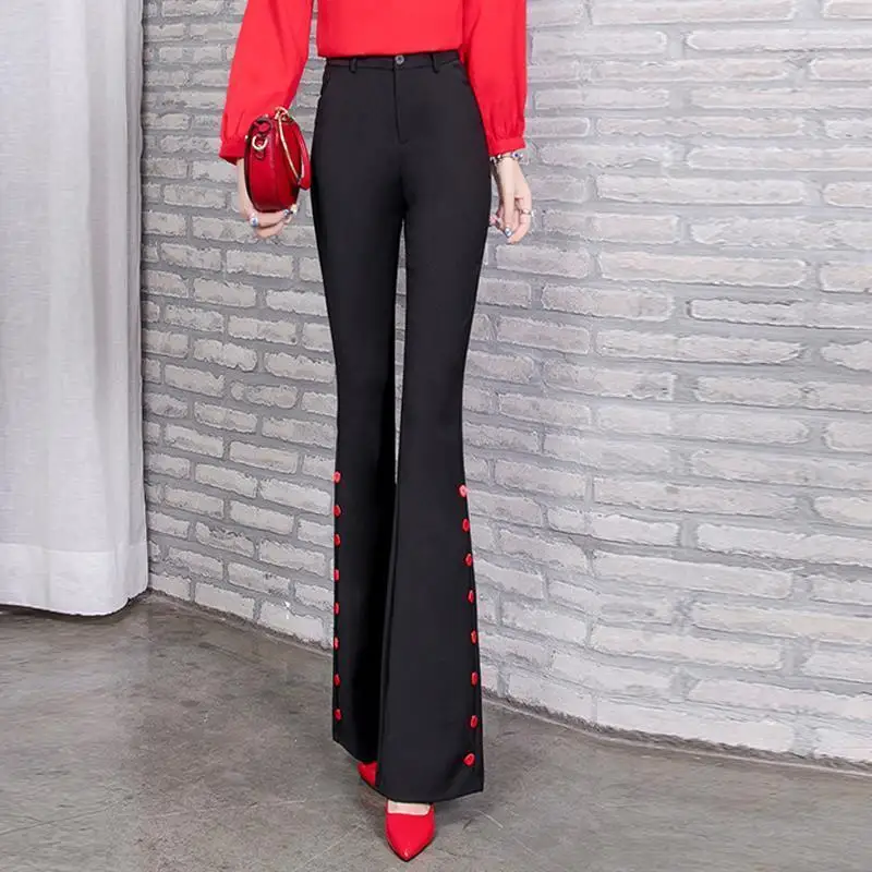 Summer Fashion Simple Slim Straight Flare Pants Women Solid High Waist Button Zipper Pocket Casual Versatile Elastic Trousers