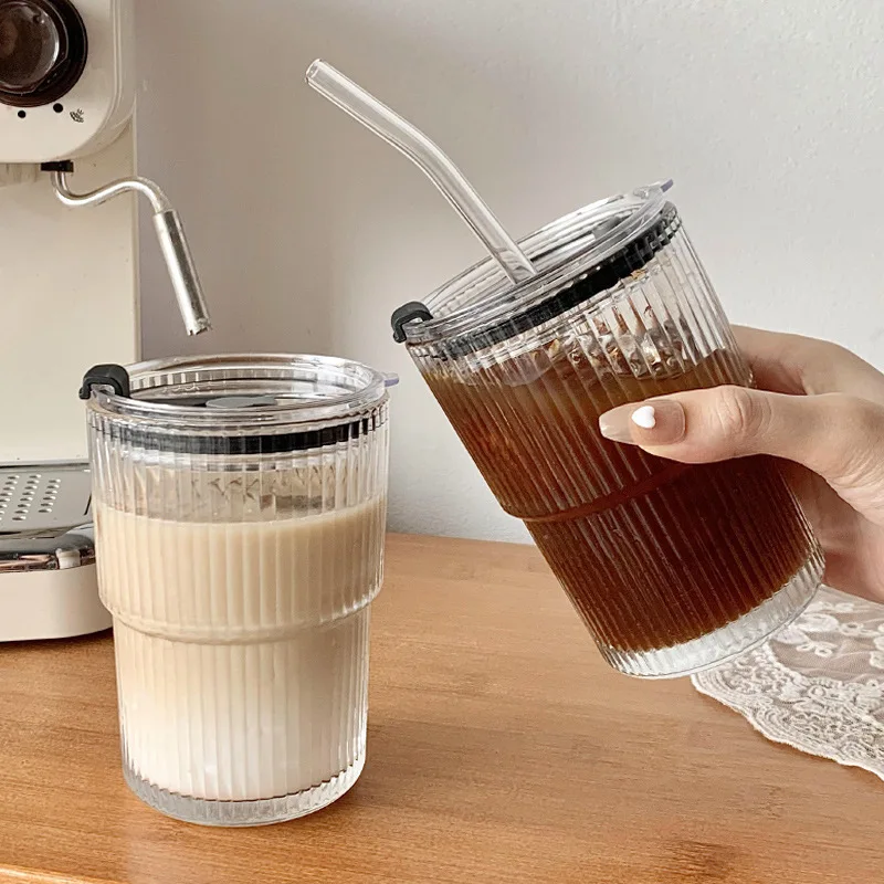 450ML Glass Cup With Lid And Straw Transparent Mug Milk Coffee Mug