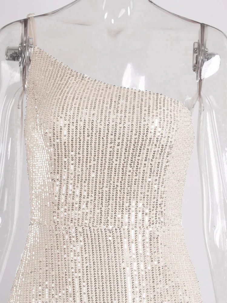 One Shoulder Abend party Maxi kleid Split rücken frei ärmellose Marine Silber Pailletten Nacht Ballkleid – Detail 14
