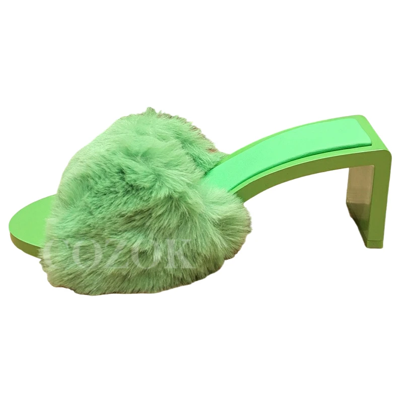 

2023 Ladies Slippers Autumn New Round Head Candy Color Fur Upper High Heel Sandals Unique Heel Design Open Toe Female Pumps