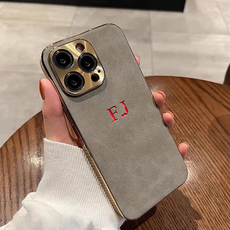 Personalisierte individuelle Namenshülle für iPhone 16 15 14 13 12 Pro Max Initialen Buchstaben Luxus Lammfellbeschichtung Lederhülle 11Pro – Detail 7