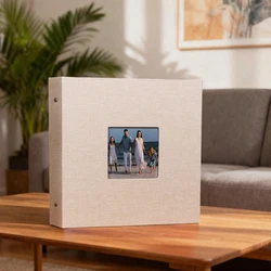 Elegant Self - Adhesive Photo Album with Window Cover - White Fabric Pages, 40 - Page Capacity - Ideal for Weddings, Travel, and Baby Memories (Beige)