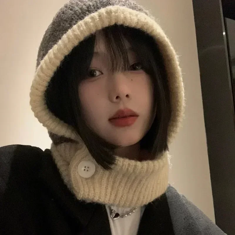 Japanese Retro Women's Balaclava Hat with Scarf Winter Warm Knit Cap Neck Cold Proof Fashion Color Matched Female Headwear 2
