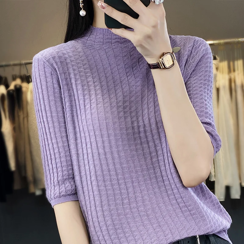 

2023 Summer Women Cashmere Short Sleeve Thin Cashmere Sweater Female Half Turtleneck Pullover Ladies Purple Jumpers