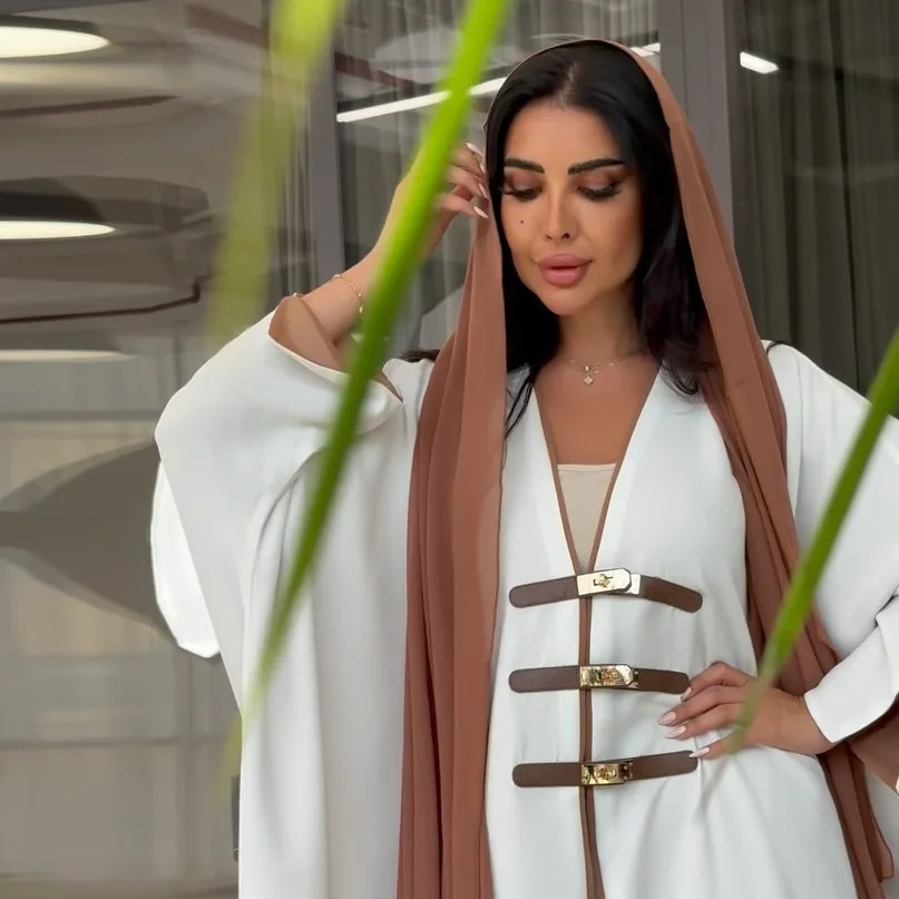 Abaya For Women Ramadan Gurban Women Cardigan Leather Button Abaya Turkey Color Matching Arabic V-neck Caftan Kaftan Clothing