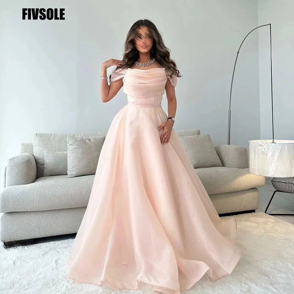 

Fivsole A-line Pink Organza Prom Dresses Off The Shoulder Sleeves Pleat Vestidos De Gala Dance Long Party Gowns Robes De Soirée