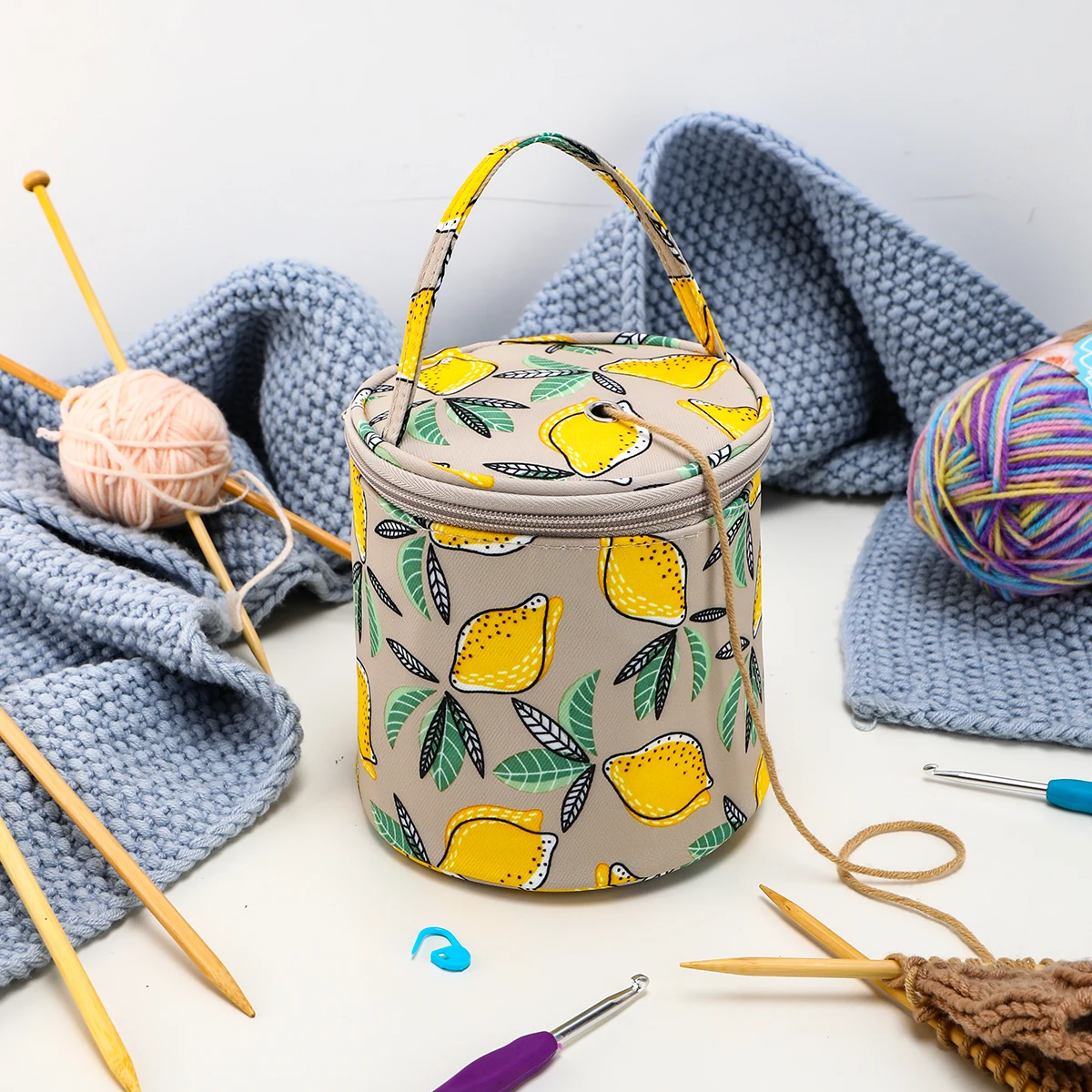 Yarn storage bag yarn storage organizer empty small knitted wool lemon yellow portable travel for crochet hook sewing tools
