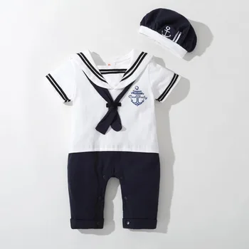 Baby Navy Romper Summer Newborn Kids Boys Girls Sailor Jumpsuit Hat 2Pcs Body Short Sleeve Anchor Printed Suit 4