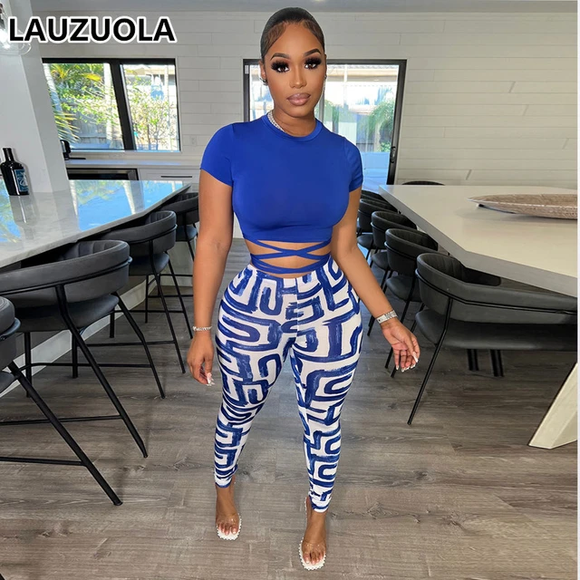 Two Piece Women Lace Up Crop Top And Tight Pants Matching Set 2023 New  Summer Fashion Vintage Print Shirt Leggings Suit Outfit - AliExpress