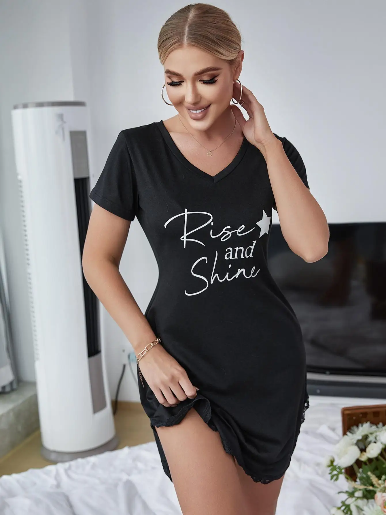 Nightgowns for Women Sexy Sleepshirts V Neck Short Sleeve Sleepwear Lace Trim Night Shirts Nightwear Homewear Nightdress Suit