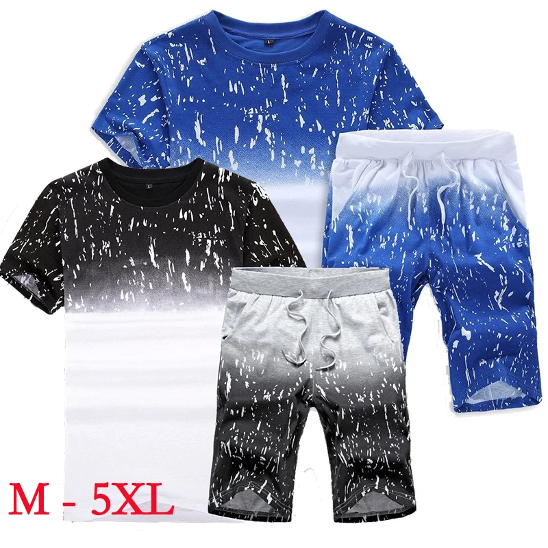 Hot Men Clothing Sportswear Set Fitness Summer Print Men Shorts + T Shirt Men's Suit 2 Pieces Sets Plus