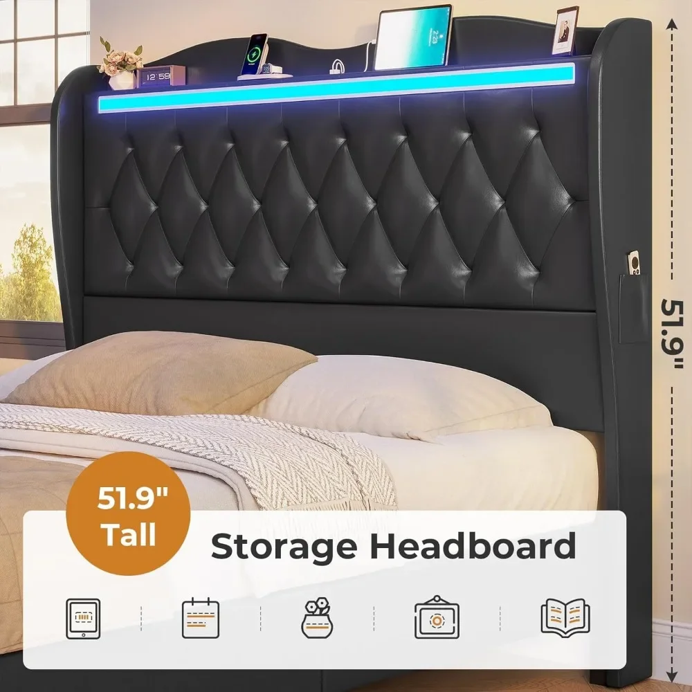 Large Bed Frame with Bed Tail, Charging Station, PU Leather Cushioned Platform, Large Bed with Wing Back Storage Headboard 4