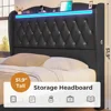 Large Bed Frame with Bed Tail, Charging Station, PU Leather Cushioned Platform, Large Bed with Wing Back Storage Headboard 4