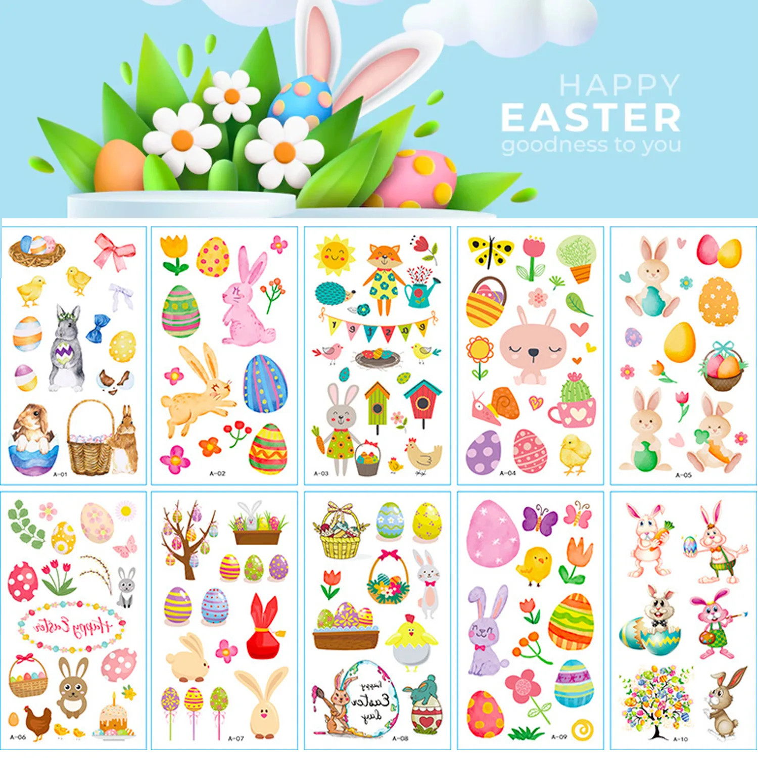 

10 Pack Easter Bunny Egg Fake Tattoo Stickers Cartoon Temporary Tattoos Kids Arm Tattoos for Kids Fun Party Tattoo Stickers