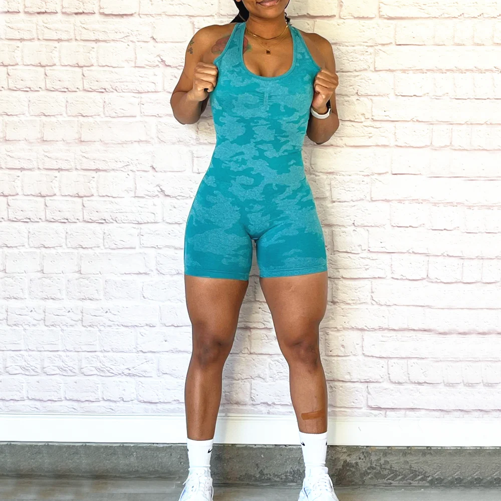 Seamless  Women Camo Yoga Sets Workout Scrunch Legging Shorts Back Cross One Female Jumpsuit Fitness Gym Rompers Active Suits