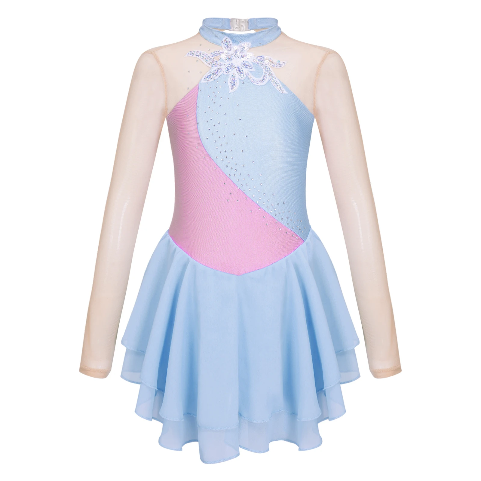 Kids Girls Figure Ice Skating Dress Dance Wear Gymnastics Leotards Dress Long Sleeve Shiny Rhinestone Sequins Ballet Dance Dress