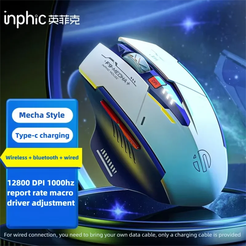 INPHIC F9 V2 게이밍 무선 마우스 블루투스 5.0 유선 12800 DPI 타입-C 충전 배터리 모니터링 PC 노트북 사무실용