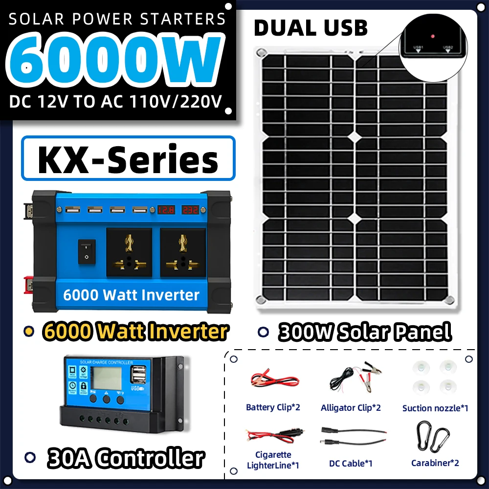 Solar System Kit Combination 6000W Inverter 30A Controller 300W Solar Panel 12V to 220V/110V Smart Charge & Discharge Camping solar inverter solar panel kit solar power panel kit