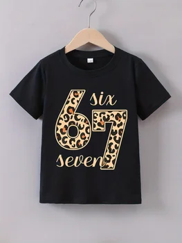 SIX SEVEN 67 Number & Leopard Print T Shirt Boy Girl Casual Round Neck 100% Cotton Streetwear Vintage Kids Six Seven T-shirts 1