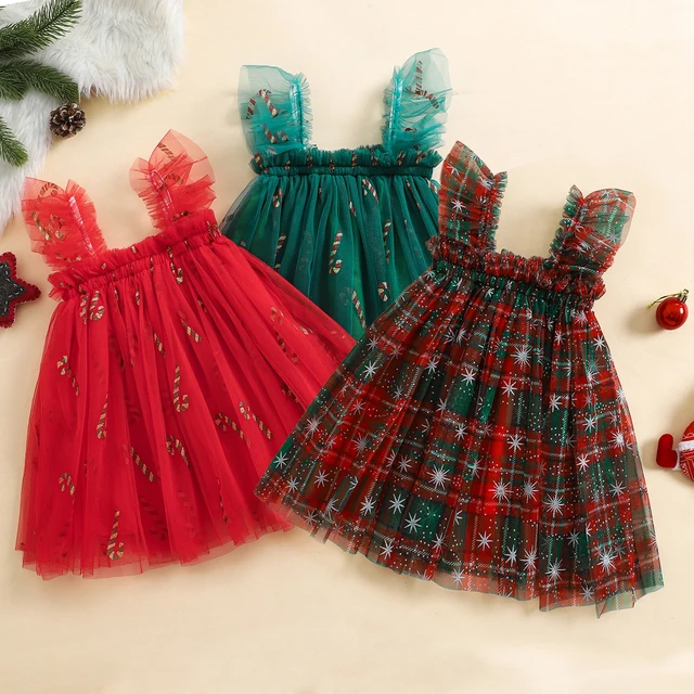 Weihnachtskleid Mädchen Tüll Zuckerstangen- und Karo-Muster
