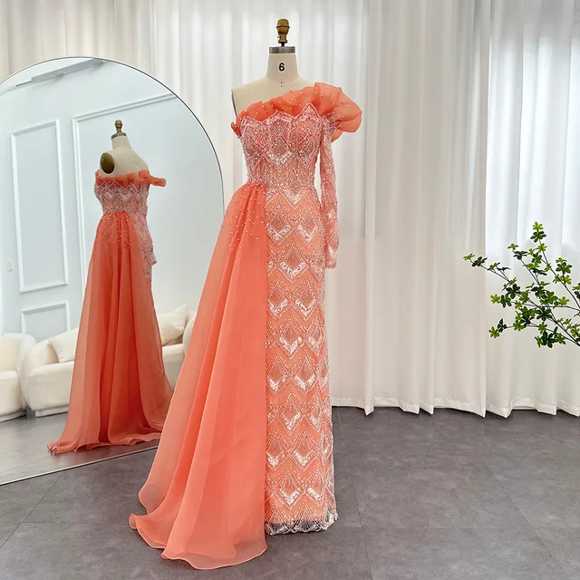 Luxury Dubai Coral Mermaid Evening Dresses for Women Wedding Elegant Scalloped One Shoulder Formal Party Gown SCZ003 2