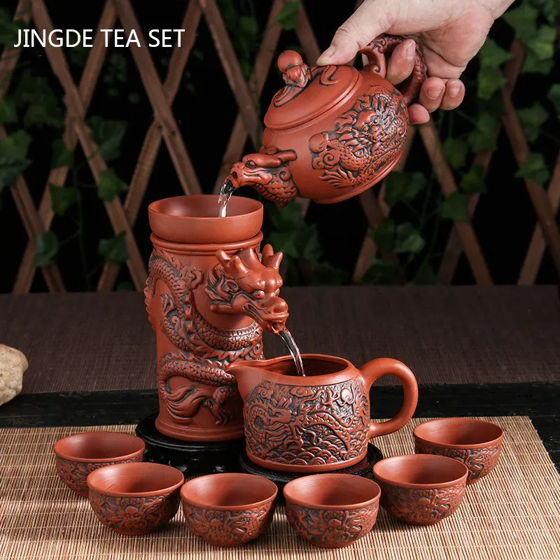 AuthenticYixingDragonTeapotSets9pcsBoutiquePurpleClayTeaSet